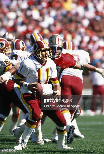 Mark Rypien of the Washington Redskins in action against the San Francisco 49ers during an NFL football game September 16, 1990 at Candlestick Park...