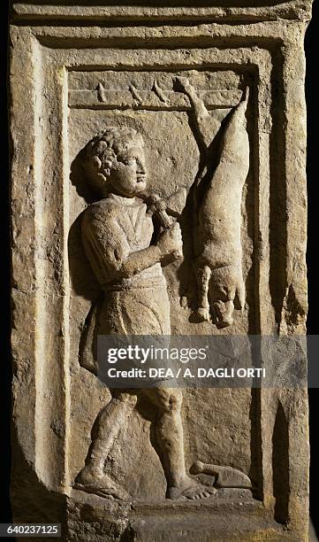 The killing of the pig, stele of Caio Cornelio Successo, soldier of the XII urban cohort, from Aquileia. Roman Civilization. Rome, Museo Della...