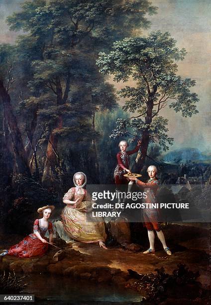 The children of Maria Theresa of Austria in costumes during a play, painting, Schoenbrunn Palace, Vienna. Austria, 18th century.
