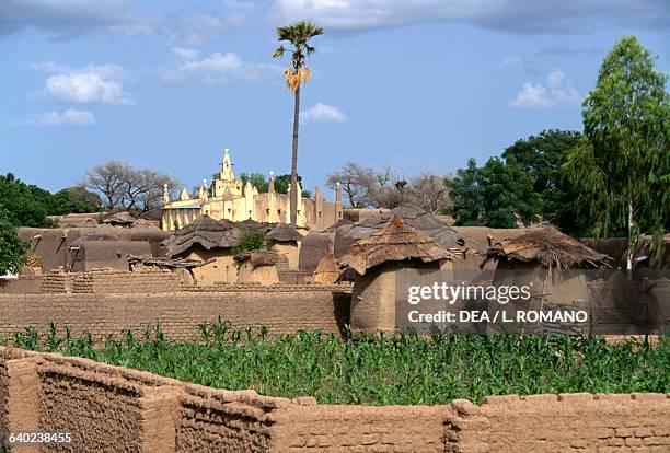 View of Sibugu village, inhabited by the Bobo tribe, with a mosque the background, Mali.