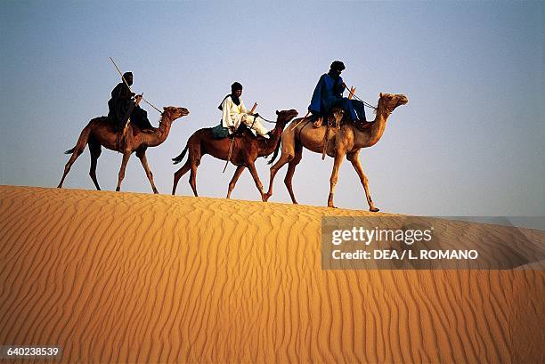 Tuareg men riding camels in the Sahara desert to the north of Timbuktu, Mali.