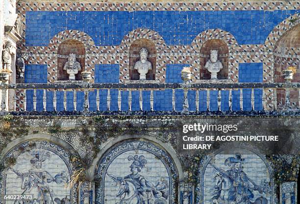 Azulejo tiles decorations, Gallery of Kings in the garden of Fronteira palace, 17th century, Benfica, Lisbon, Portugal.