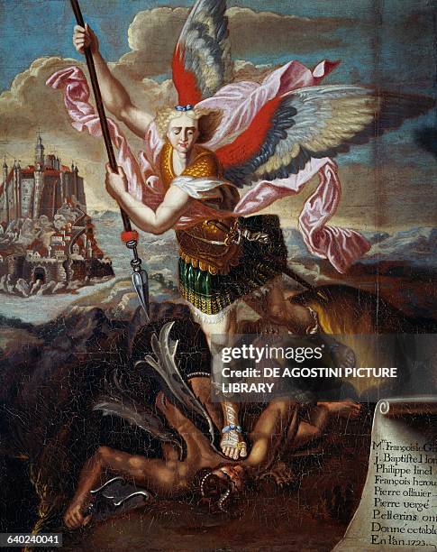 St Michael and the Devil, by Raphael Sanzio, ex-votive of six pilgrims on pilgrimage to Mont Saint-Michel kept in Fumichon church, France, 18th...