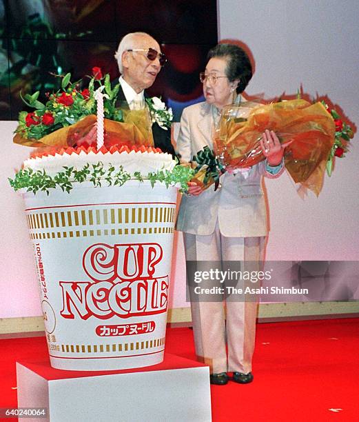 Nissin Foods founder Momofuku Ando celebrates his 90th birthday with his wife Masako at a ceremony on March 5, 1999 in Osaka, Japan.