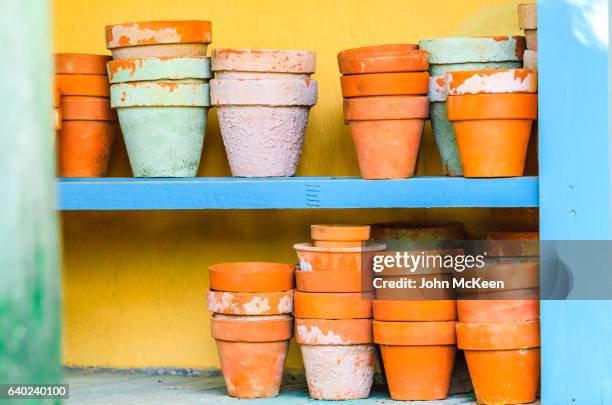 flower pots on a shelf - テラコッタ ストックフォトと画像