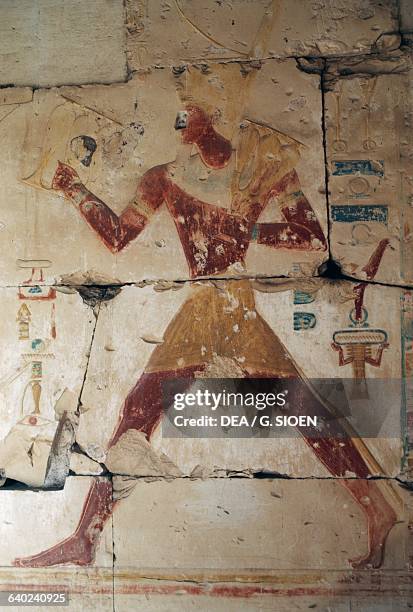 Painted relief depicting the Pharaoh, Temple of Ramses II, Abydos, Egypt. Egyptian civilisation, New Kingdom, Dynasty XIX.
