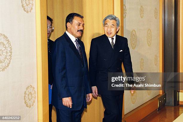 Yemen President Ali Abdullah Saleh and Emperor Akihito enter the room prior to their meeting at the Imperial Palace on March 15, 1999 in Tokyo, Japan.