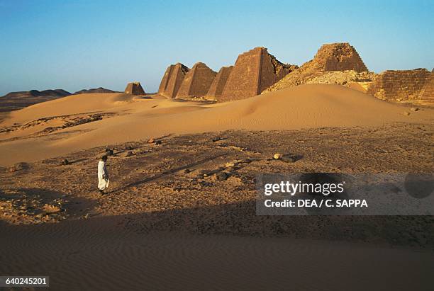 Ruins of the pyramids from the Kingdom of Kush , necropolis of the Island of Meroe , Sudan. Meroitic civilisation.