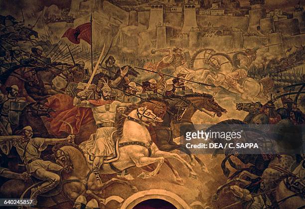 Battle scene with soldiers on horseback, fresco by Naxhi Bakalli in Skanderbeg museum inside the citadel, castle of George Kastrioti Skanderbeg,...