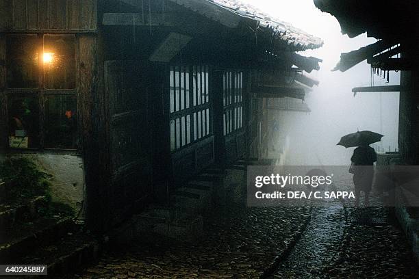 Exterior view of the old bazaar on a rainy day, Kruje, Albania.