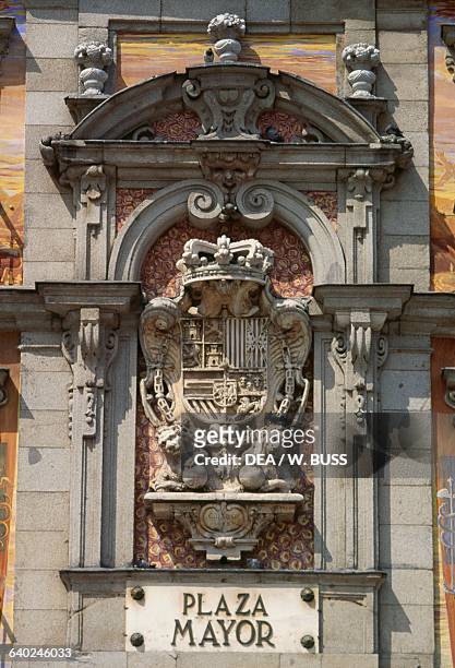Coat of arms of Charles II of Spain, facade of Casa de la Panaderia , 1619-1670, Plaza Mayor , Madrid, Spain.