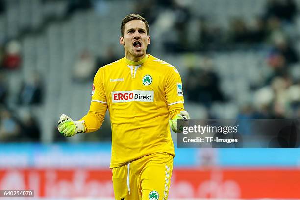 Goalkeeper Balazs Megyeri of Greuther Fuerth celebrates a goal during the Second Bandesliga match between TSV 1860 Muenchen and SpVgg Greuther Fuerth...