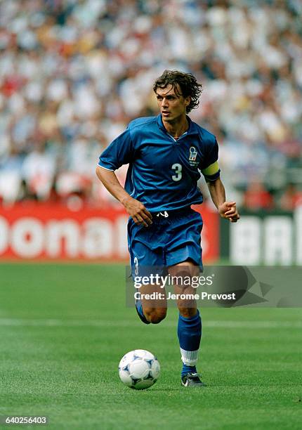 Paolo Maldini in action during a quarter-finals match of the 1998 FIFA World Cup against France. France won 4-3 after overtime and point shoot out. |...