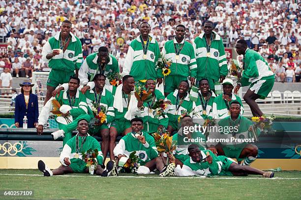 Nigerian players celebrate their 3-2 victory over Argentina in the men's final of the 1996 Olympics.