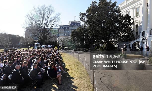 President Barack Obama hosts the 2012-2013 NCAA Division I Men's and Women's Champions on the South Lawn of the White House on March 10 2014 in...