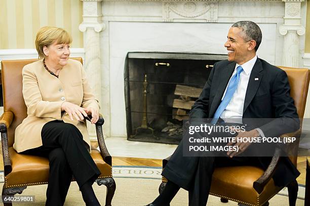 German Chancellor Angela Merkel and U.S. President Barack Obama hold a bilateral meeting in the Oval Office at the White House in Washington, D.C. On...