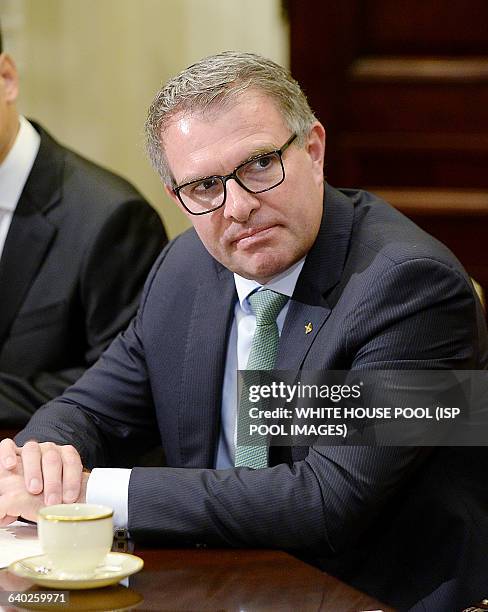 Carsten Spohr, Chairman and CEO, Deutsche Lufthansa AG looks on as US President Barack Obama meets with business leaders from across the country and...