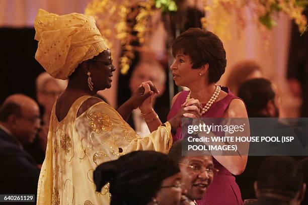 Rep. Gwen Moore talks with Obama Senior Advisor Valerie Jarrett during a dinner on the occassion of the U.S.-Africa Leaders Summit on the South Lawn...