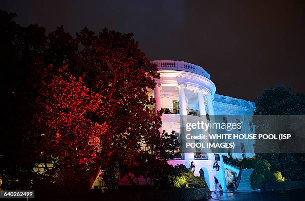 The White House is colored in red, white and blue to celebrate "A Salute to the Troops: In Performance at the White House" on the South Lawn November...