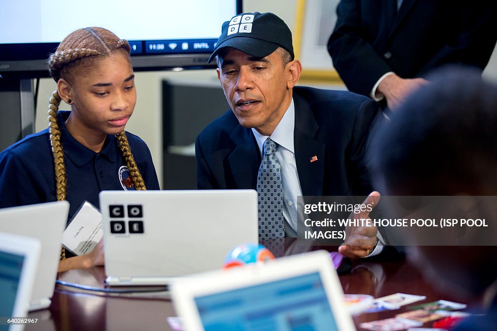 USA - President Obama Meets With Students Participating In An Hour Of Code Event