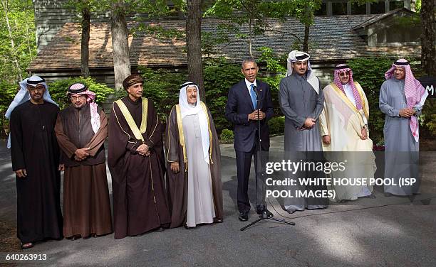 President Barack Obama delivers remarks following the Gulf Cooperation Council-U.S. Summit at Camp David on May 14, 2015. Obama, was joined by, Abu...