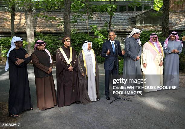 President Barack Obama delivers remarks following the Gulf Cooperation Council-U.S. Summit at Camp David on May 14, 2015. Obama, was joined by, Abu...