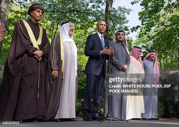 President Barack Obama delivers remarks following the Gulf Cooperation Council-U.S. Summit at Camp David on May 14, 2015. Obama was joined by, from...