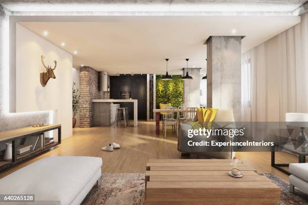 modern hipster apartment interior living room - yellow accent wall stock pictures, royalty-free photos & images