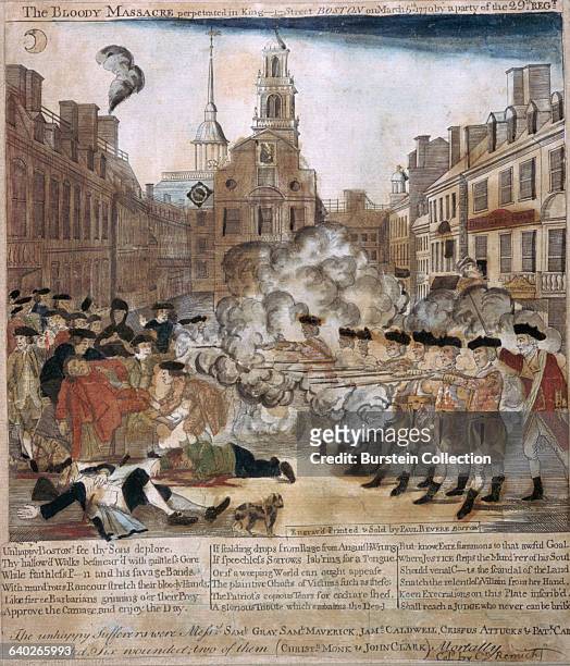 An engraving by Paul Revere of the Boston Massacre. A line of British Soldiers fires on a crowd of unarmed colonists. The massacre was used by...