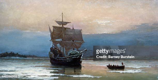 The Mayflower in Plymouth Harbor, Massachusetts, 1620. Painting by by William Halsall, 1882.