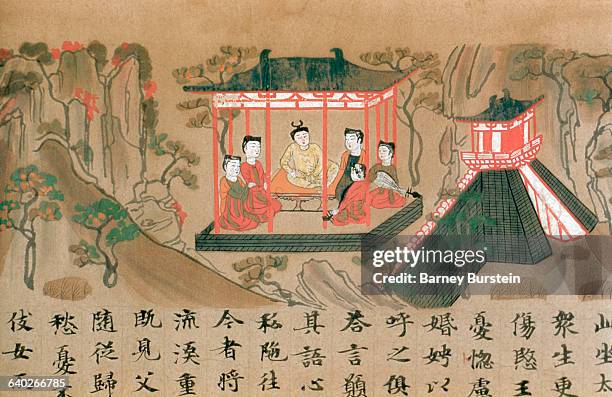 Detail Showing Figures Seated in a Pavilion from Sutra of Past and Present Karma