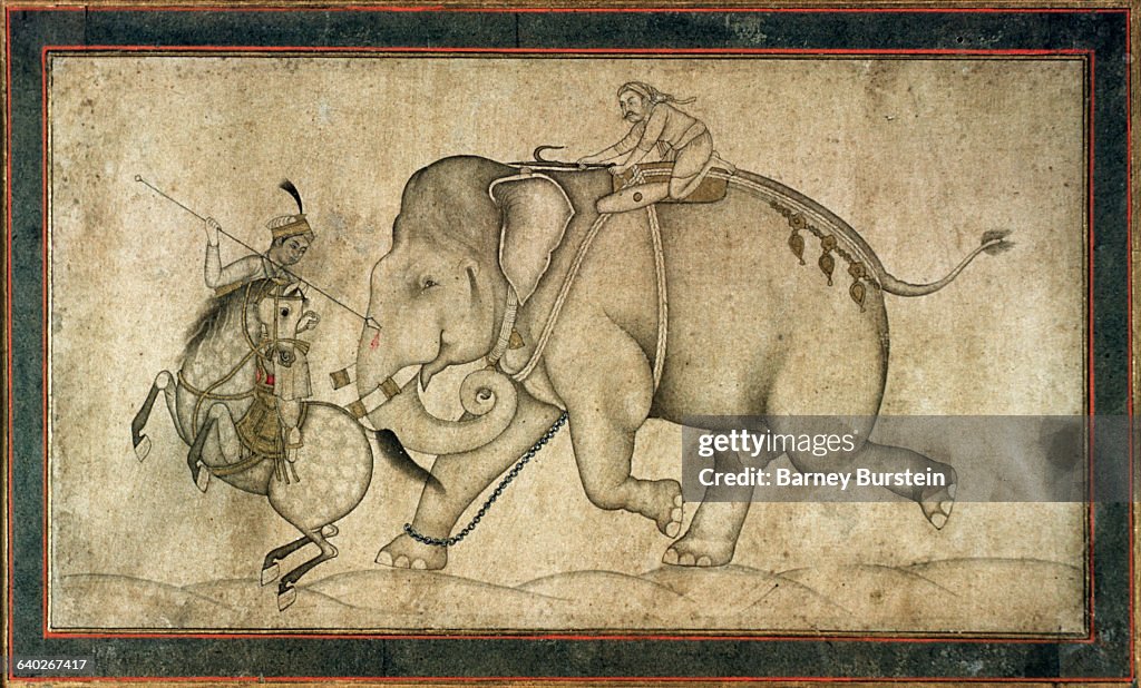 Mughal Drawing of an Elephant Running Amuck