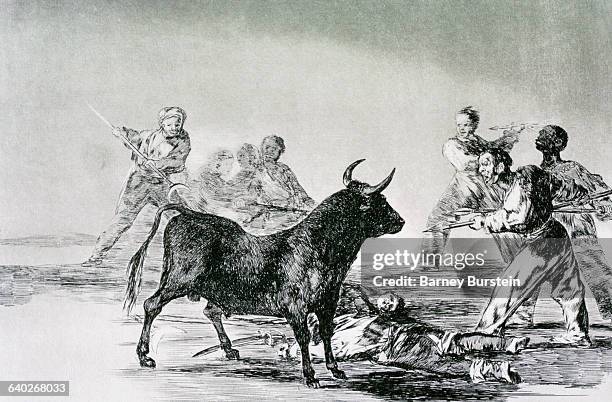 Desjarrete de la canalla con lanzas, medias-lunas, banderillas y otras armas. | Part of: 'The Art of Bullfighting' by Francisco Goya. Located in:...