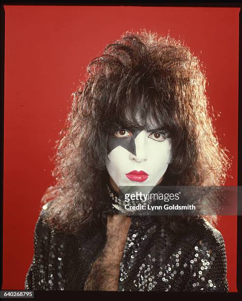 Paul Stanley, member of the rock group "Kiss," in makeup. Undated head and shoulders photograph.