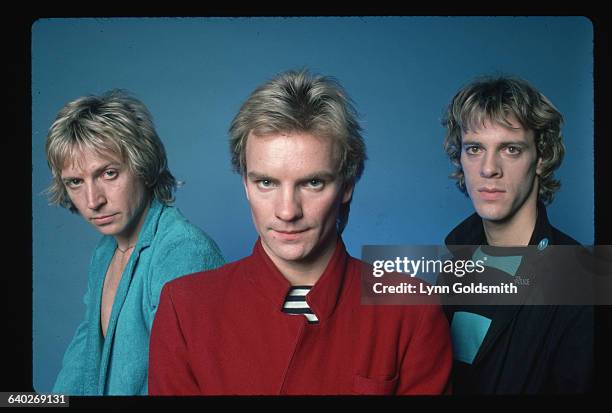 Guitarist Andy Summers, lead singer and bassist Sting, and drummer Stewart Copeland, of the British rock group The Police.