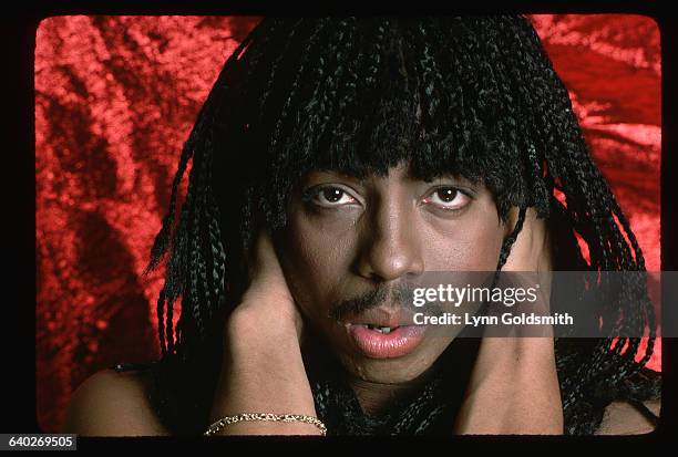 Close-up of Rick James. Photograph, 1982.