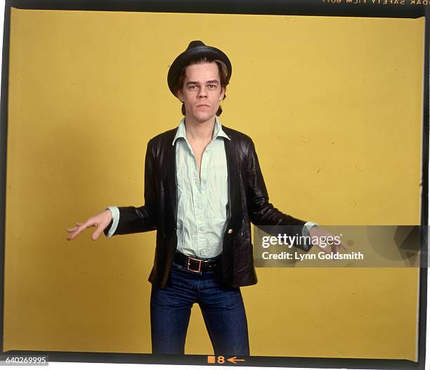 Studio portrait of musician/actor David Johansen. He is shown in a 3/4-length view, standing against a yellow background. Undated photograph.