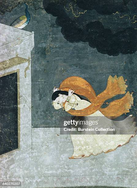 Rajput Painting of Lady Taking Shelter from the Monsoon