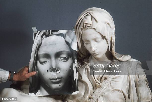 The restored Virgin Mary from Michelangelo's Pieta, St. Peter's Rome, together with a photograph showing the statue's face prior to restoration. |...