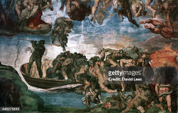 Michelangelo's violent fresco painting of The Last Judgement, depicting the arrival of Charon's boat of damned souls in Hades. Commissioned by Pope...