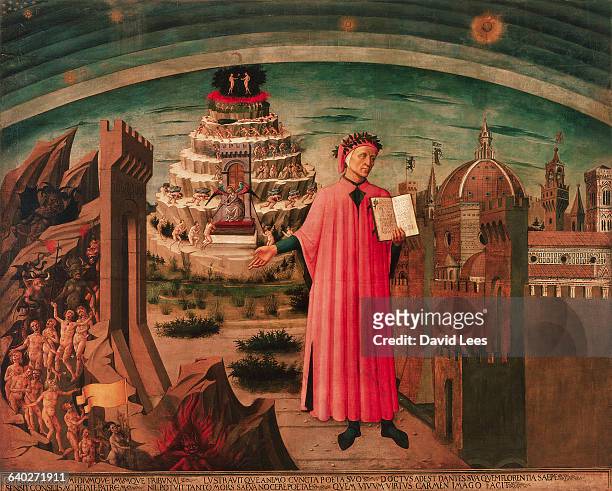 In the forground stands Dante holding his work 'the Divine Comedy'. To one side Florence is depicted, and on the other is a vision of hell. Behind...