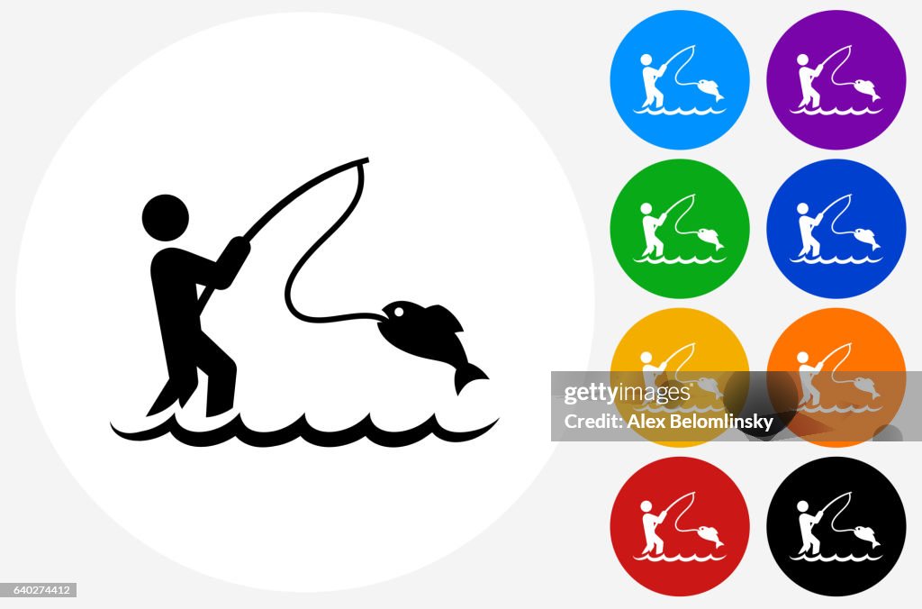 Fishing Icon on Flat Color Circle Buttons