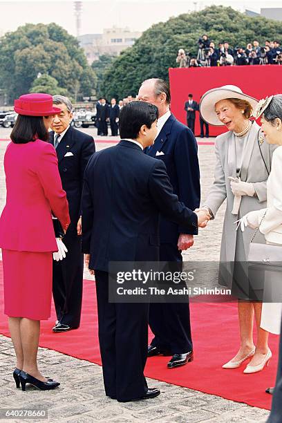 Grand Duke Jean of Luxembourg and Grand Duchess Josephine Charlotte of Luxembourg greet Crown Prince Naruhito and Crown Princess Masako while Emperor...
