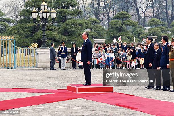 Grand Duke Jean of Luxembourg reviews the honour guard during the welcome ceremony at the Akasaka State Guest House on April 5, 1999 in Tokyo, Japan.
