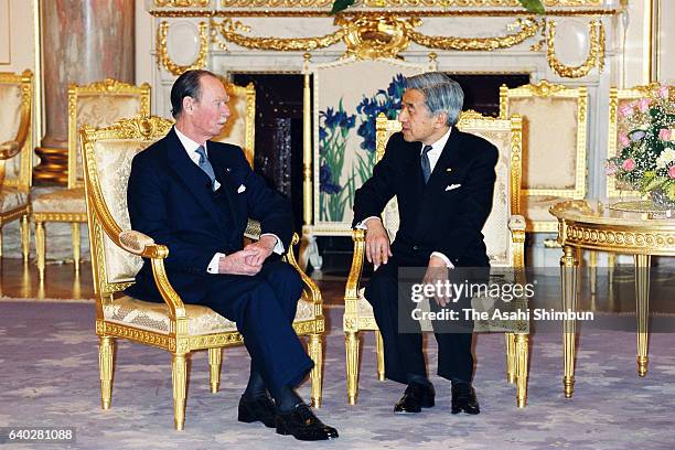 Grand Duke Jean of Luxembourg and Emperor Akihito talk during their meeting at the Akasaka State Guest House on April 9, 1999 in Tokyo, Japan.