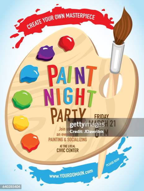 paint night party invitation with colorful palette and brush - artists palette stock illustrations