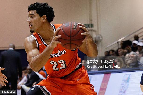 Jonathan Allen of the Pepperdine Waves tries to fake the defender during the game against Gonzaga Bulldogs at Firestone Fieldhouse on January 28,...