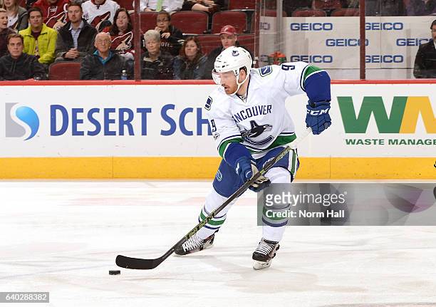 Jack Skille of the Vancouver Canucks skates with the puck against the Arizona Coyotes at Gila River Arena on January 26, 2017 in Glendale, Arizona.
