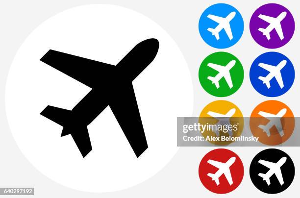 illustrazioni stock, clip art, cartoni animati e icone di tendenza di icona dell'aereo sui pulsanti cerchio a colori piatti - aeroplano