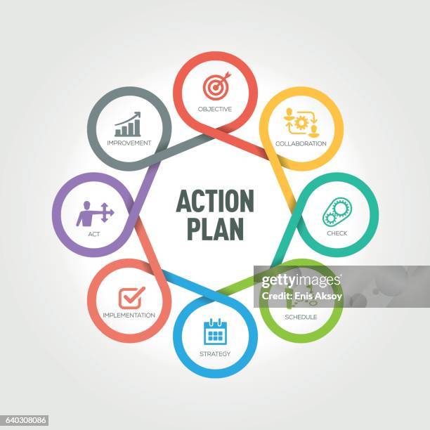action plan infographic with 8 steps, parts, options - action plan stock illustrations